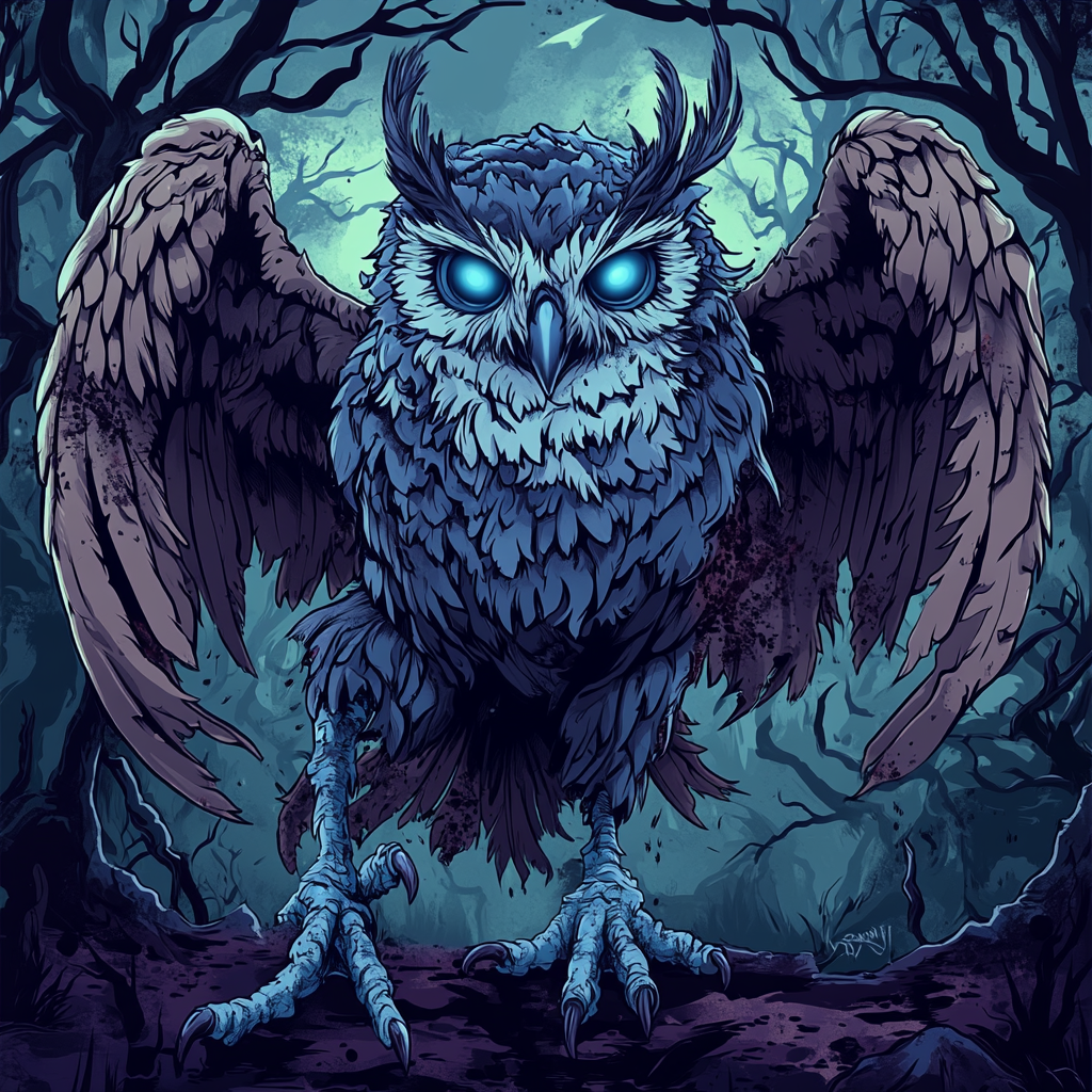 Detailed illustration of zombie owl in swamp