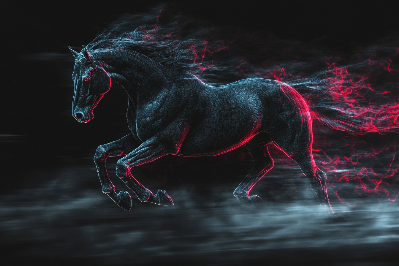 Detailed image in Muybridge style, galloping black horse.