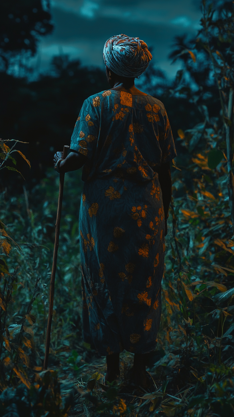 Detailed image of elderly Nigerian woman in forest at night.