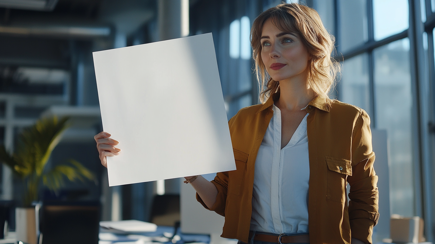 Detailed image of happy businesswoman in modern office.