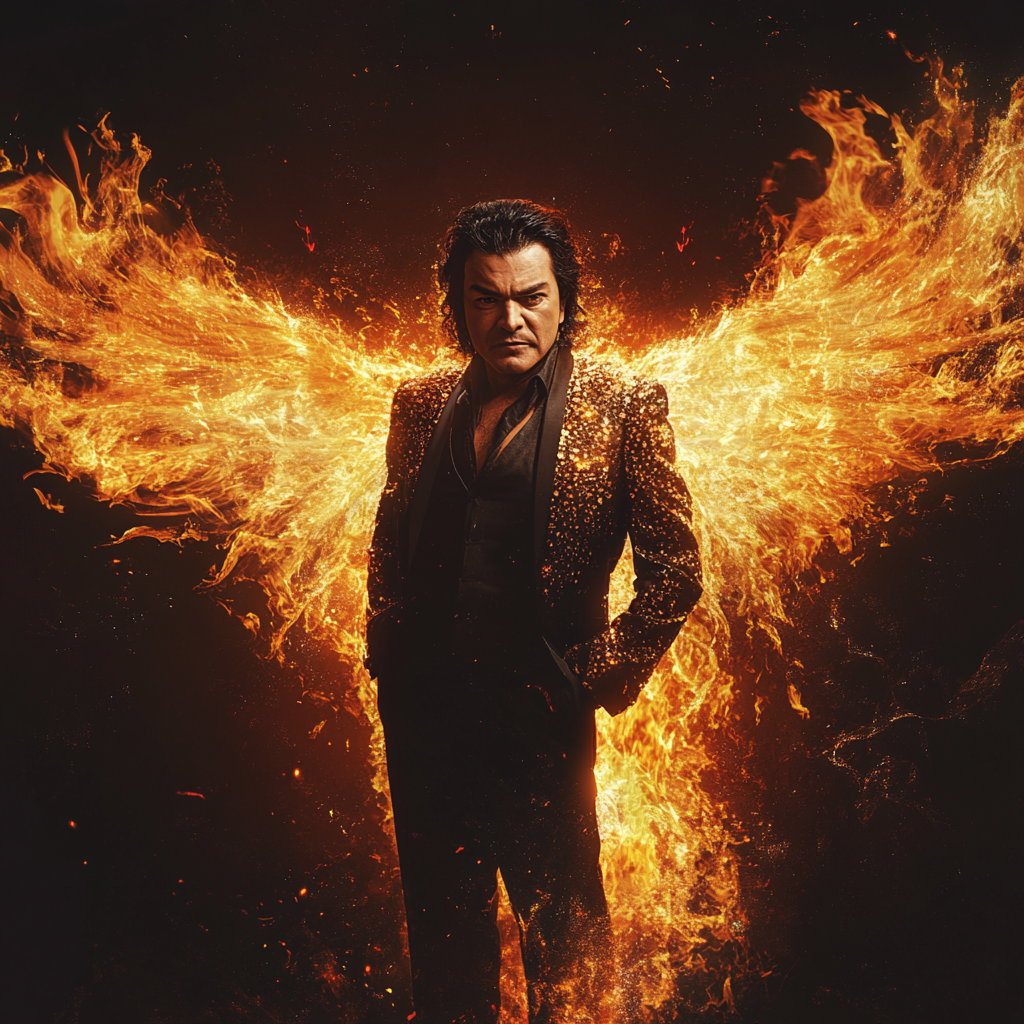 Detailed image of man resembling Juan Gabriel, fiery wings.