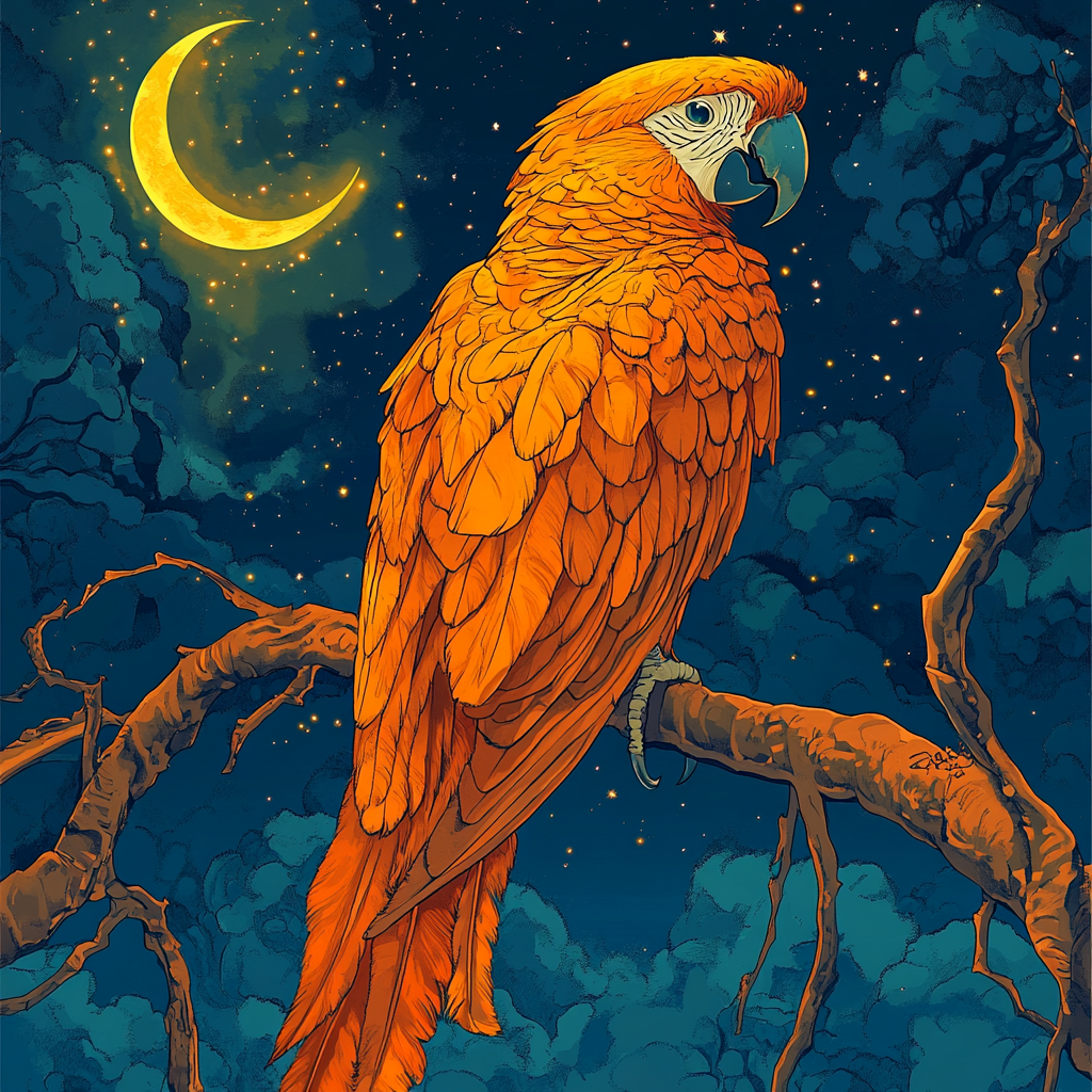 Detailed magical illustration focus on majestic orange parrot.