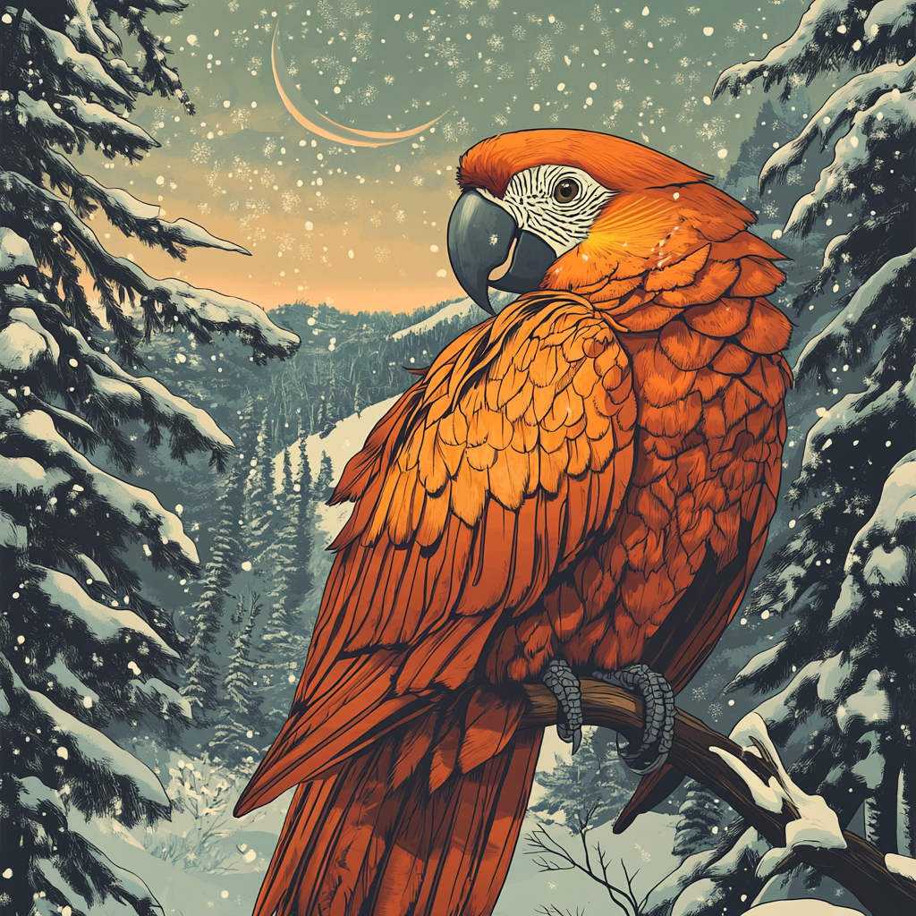 Detailed magical illustration of majestic orange parrot in winter.