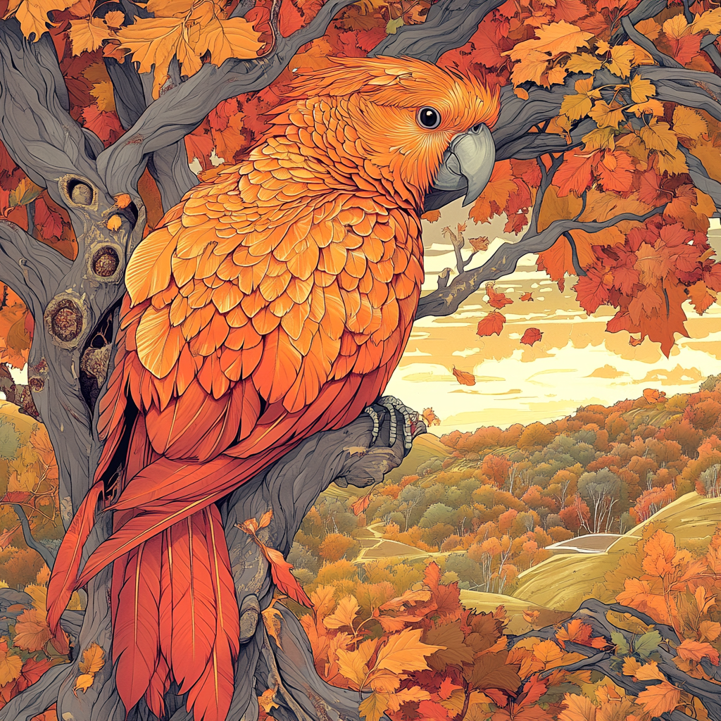 Detailed magical illustration of orange parrot in autumn landscape.