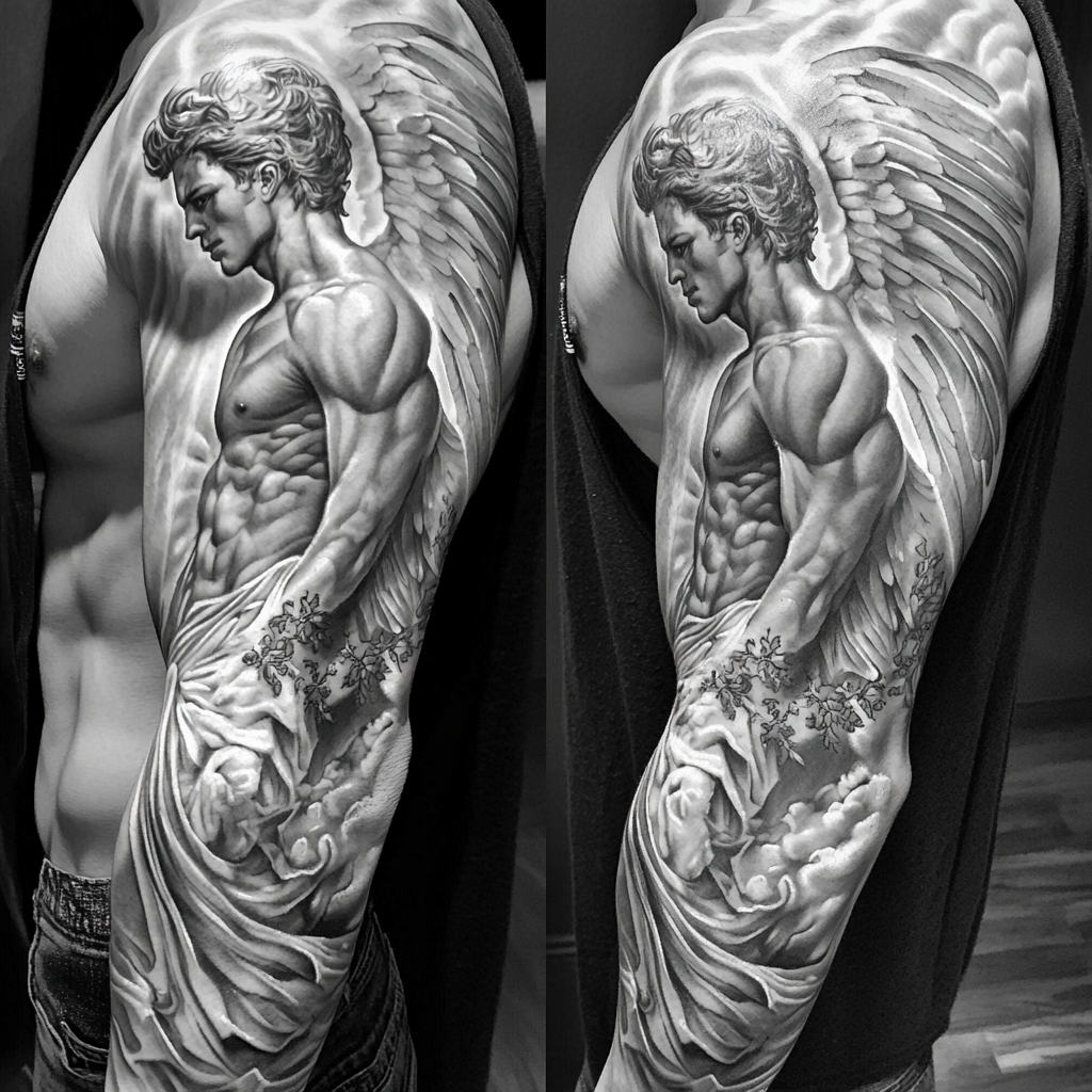 Detailed male guardian angel tattoo with majestic wings.