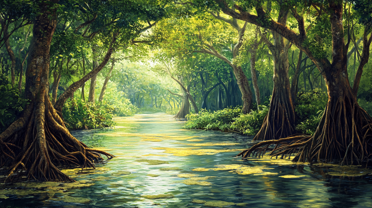 Detailed mangrove forest landscape with towering trees and wildlife.