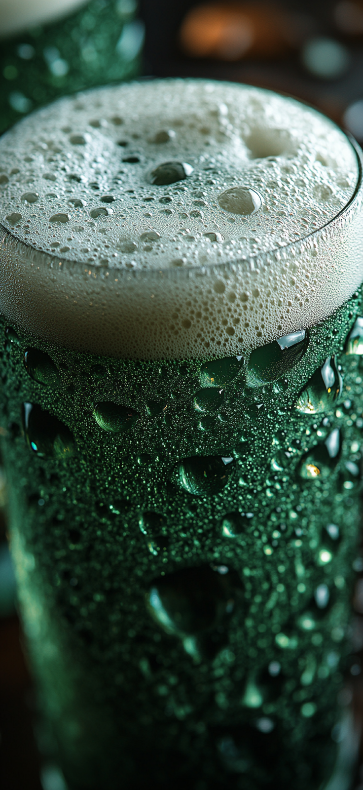 Detailed mint green beer foam with droplets on glass.