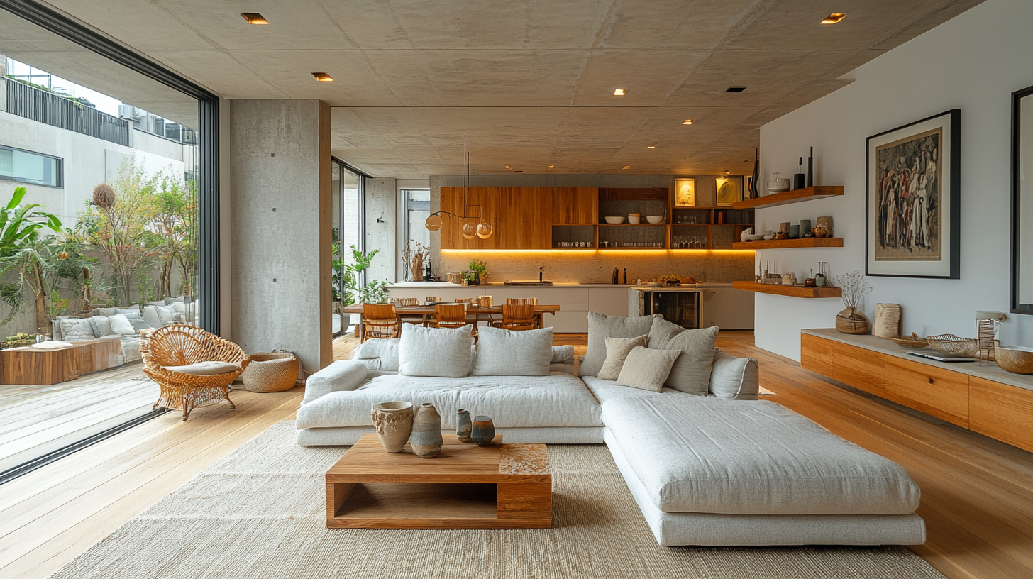 Detailed modern living room with kitchen and dining area.