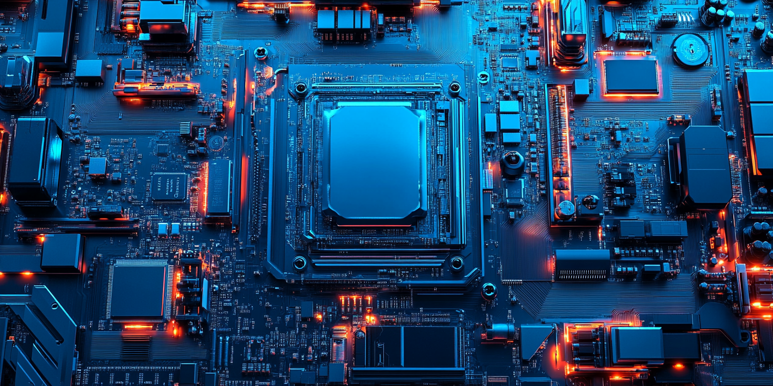 Detailed motherboard circuitry and components in futuristic blue design.