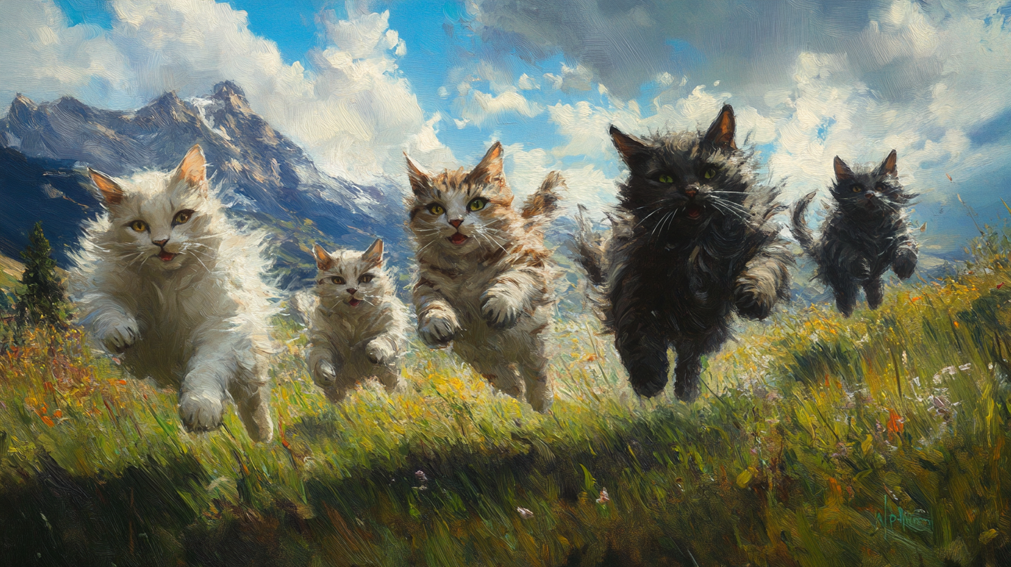 Detailed painting of cats on grass field with mountains.