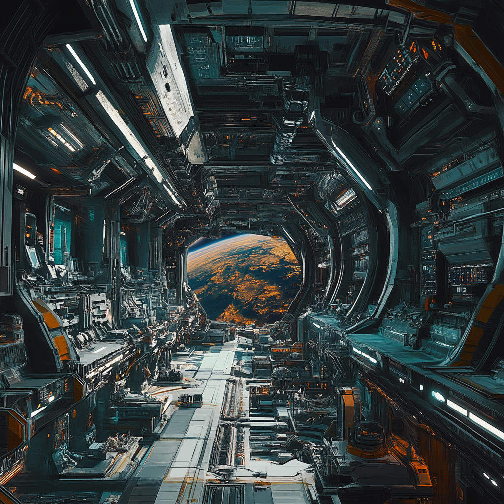 Detailed panoramic image of futuristic space colony interior.