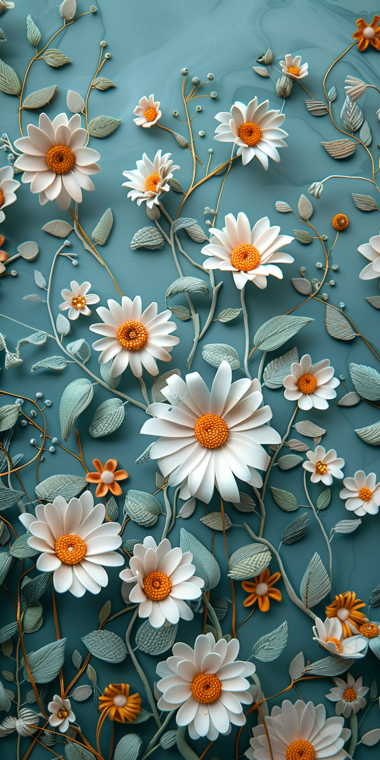 Detailed pattern of daisy flowers on light blue background.