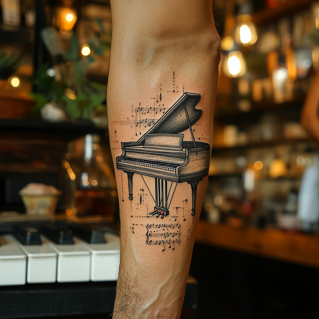 Detailed photo of piano tattoo using natural lighting.