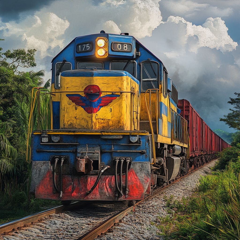 Detailed photo of train locomotive with cargo in landscape.