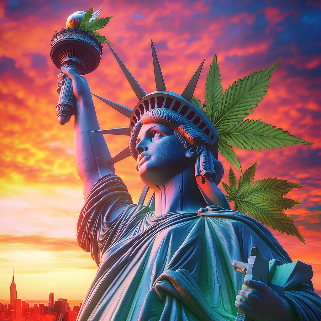 Detailed photograph of Statue of Liberty with cannabis crown.