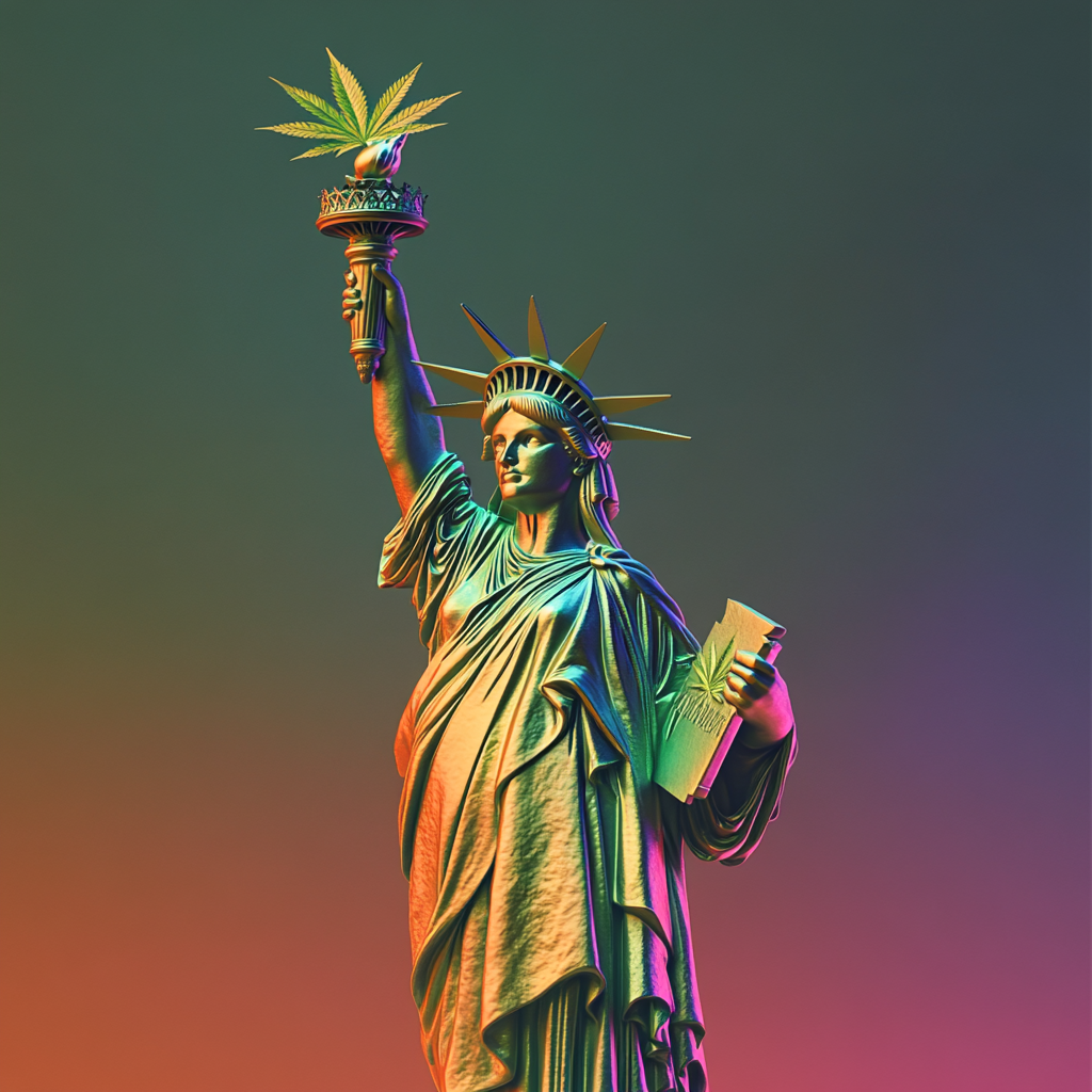 Detailed photograph of Statue of Liberty with cannabis leaf.