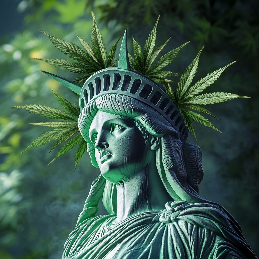 Detailed photograph of Statue of Liberty with cannabis theme.