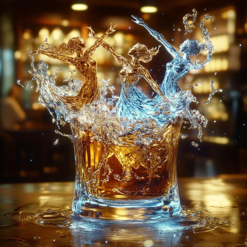 Detailed photograph of whiskey tumbler with ice art.