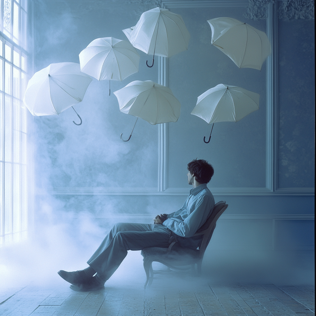 Detailed photography of guy in blue room with umbrellas.