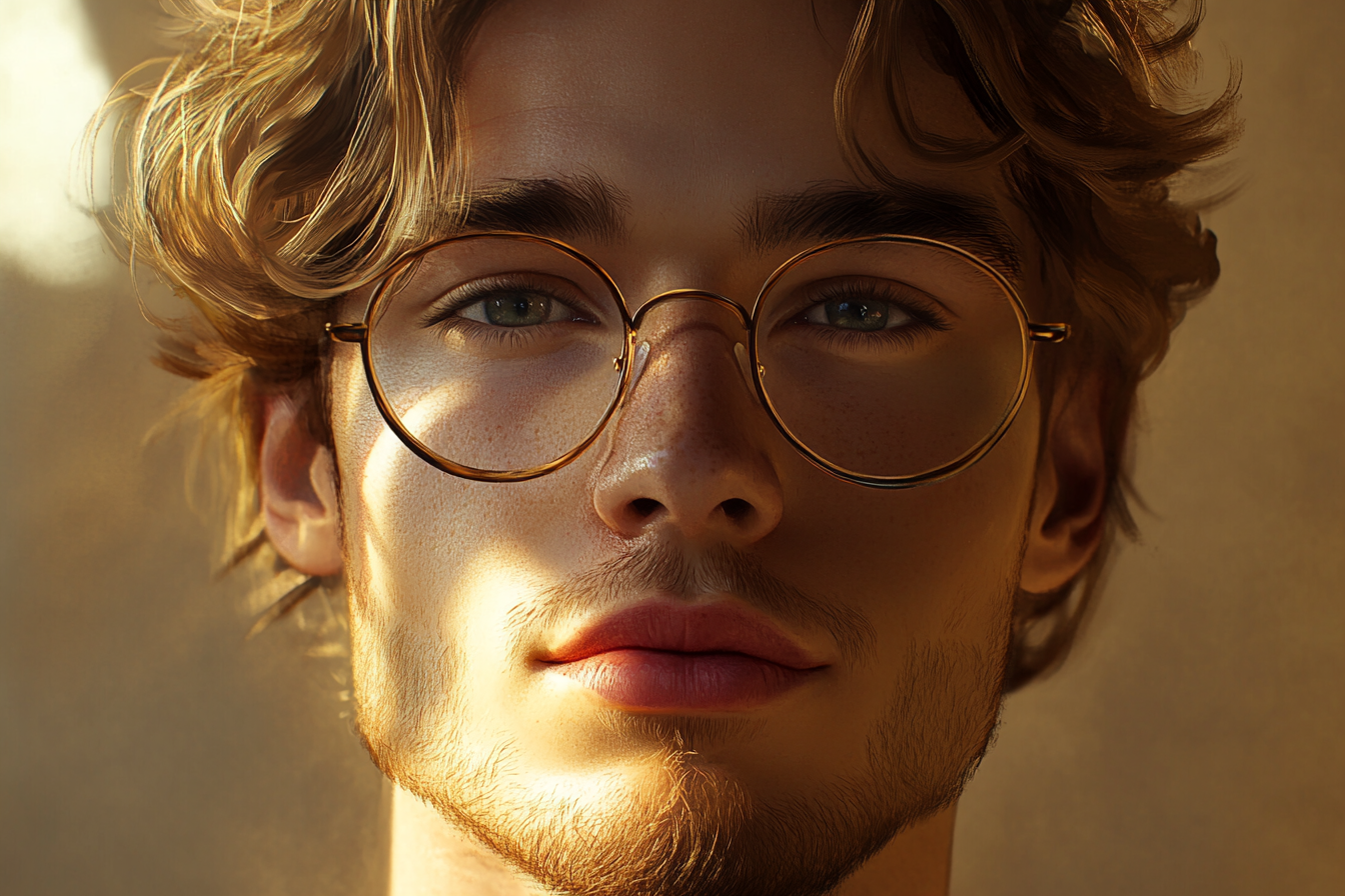 Detailed photorealistic portrait of young man with features described.