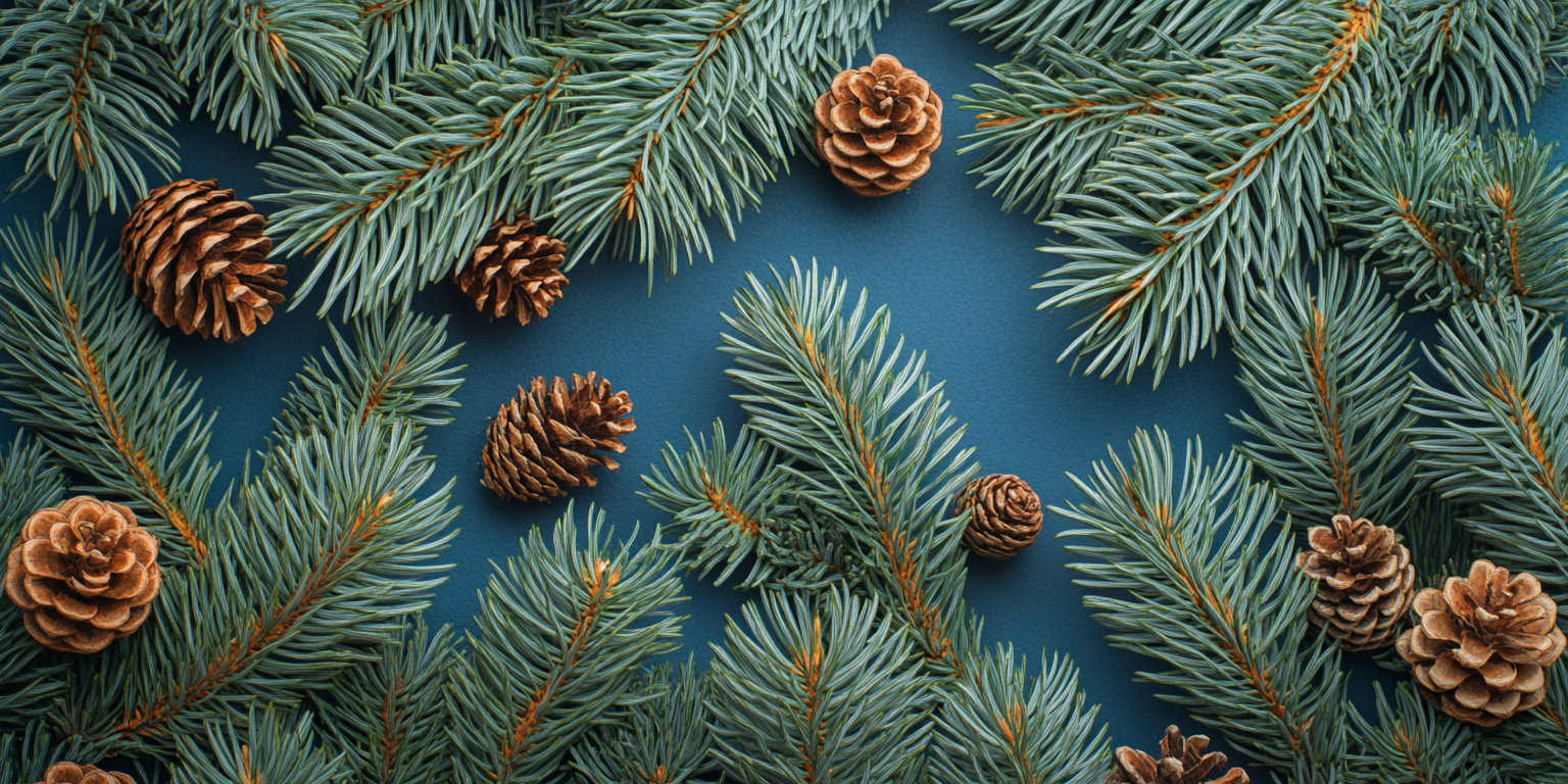 Detailed pine tree branches with blue background.