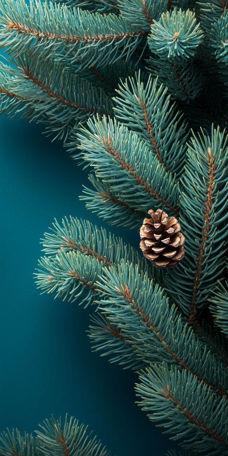 Detailed pine tree branches with natural texture on blue background.