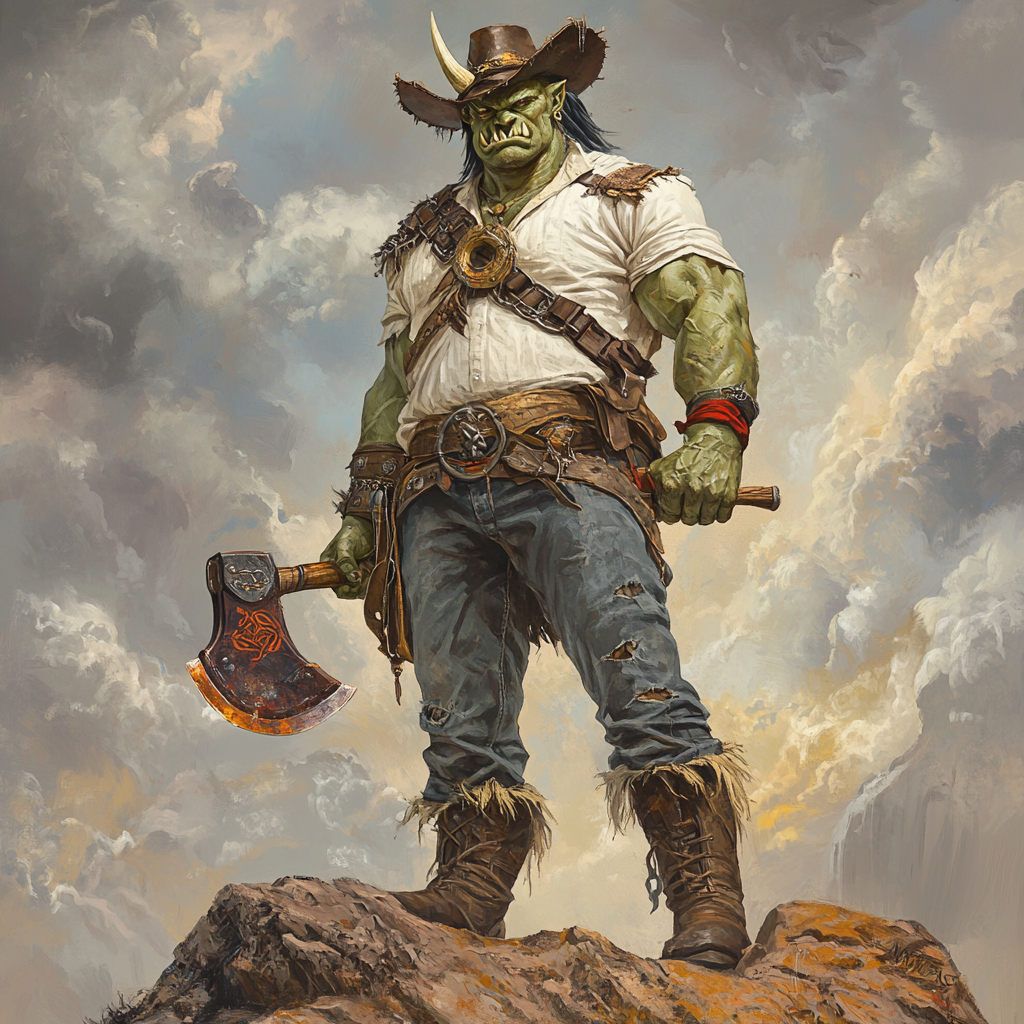 Detailed portrait of 7-foot-tall half-orc warrior on misty mountain.