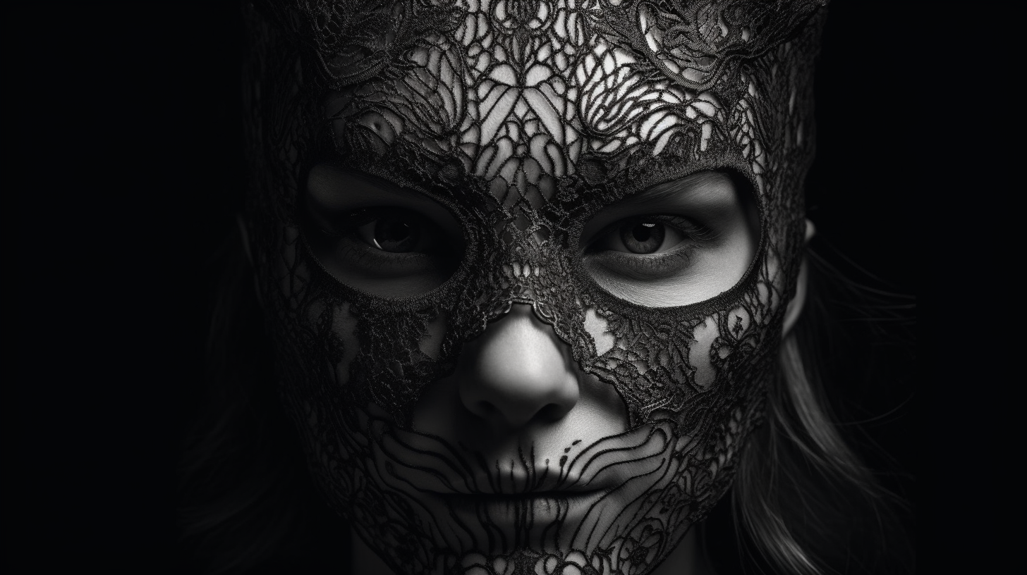 Detailed portrait of woman in lace cat mask, intense eyes.