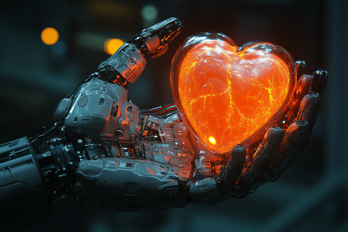 Detailed robotic hand holding glowing holographic human heart.