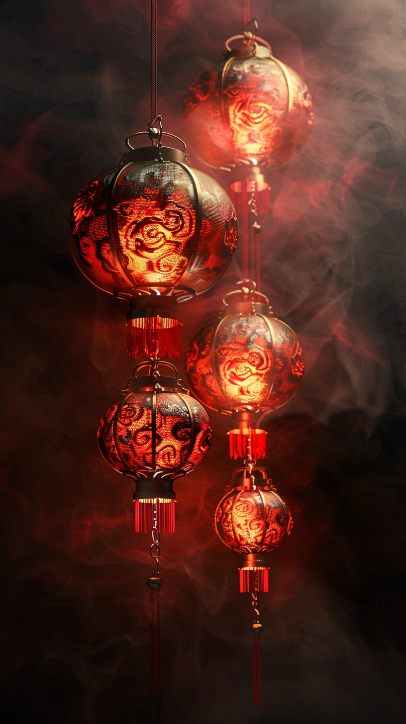 Detailed scene of Chinese lanterns glowing softly, elegant atmosphere