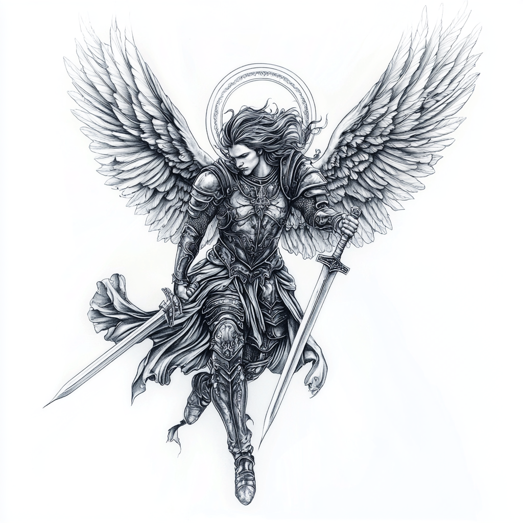 Detailed tattoo design of Archangel Michael symbolizes strength.