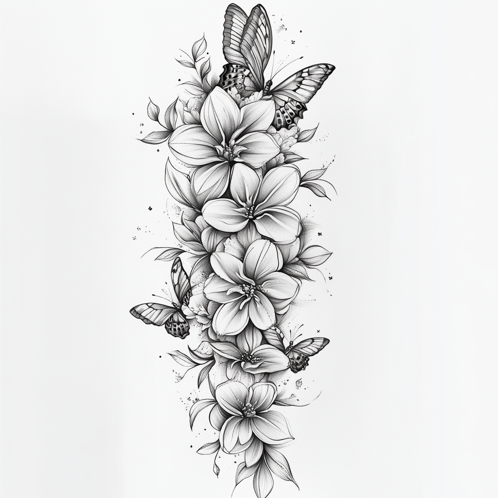 Detailed tattoo design with flowers and butterflies in motion.