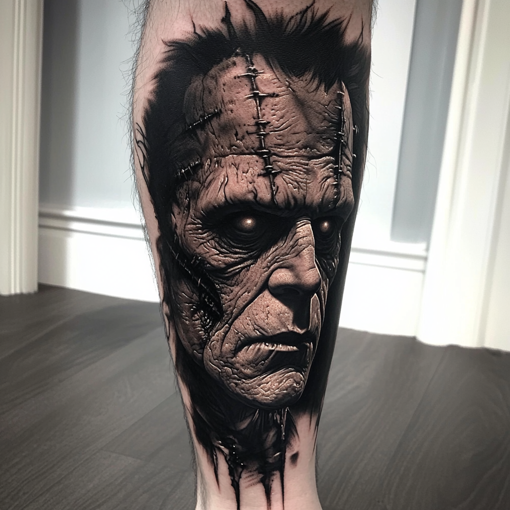 Detailed tattoo of Frankenstein's monster, sorrowful yet intense expression.