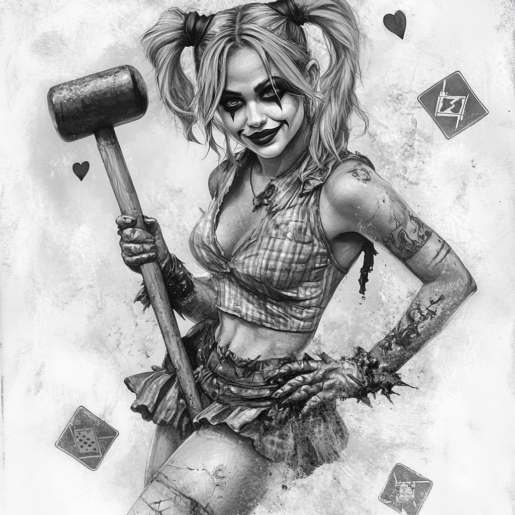 Detailed tattoo of Harley Quinn in jester outfit.