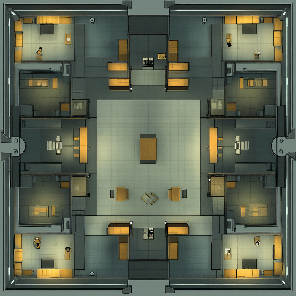 Detailed top-down map of modern research facility interior