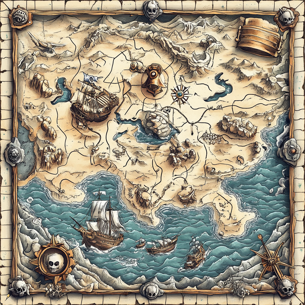 Detailed treasure map also a board game to find secret treasure beneath ocean. Incorporating cutaway drawing of sunken ship.