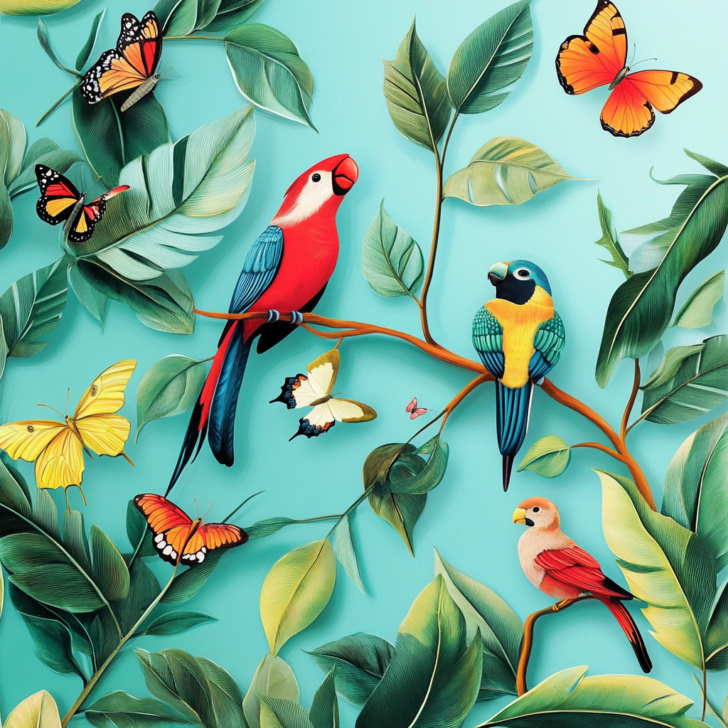 Detailed tropical birds on patterned branches with butterflies fluttering.