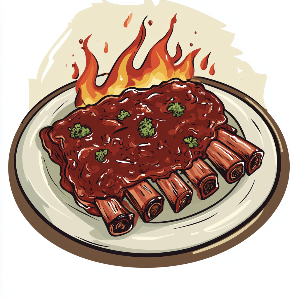 Detailed vector BBQ ribs with sauce, fire, and tools.