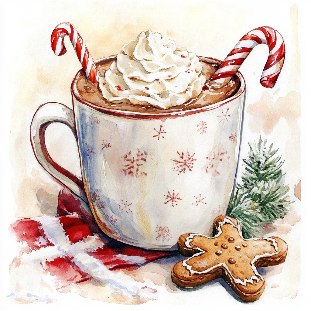 Detailed watercolor of hot chocolate in Christmas mug.