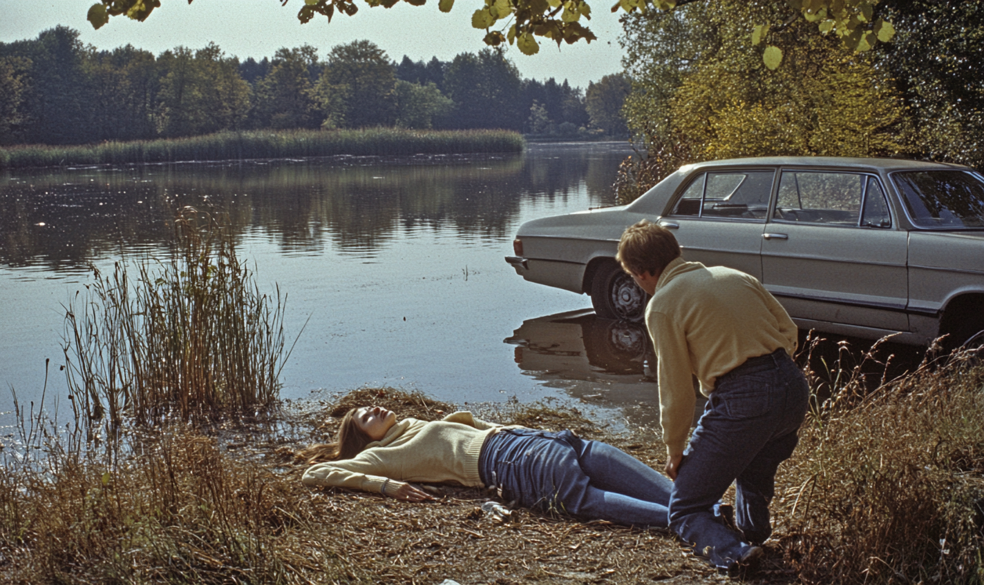 Detective and policeman find drowned woman by lake.