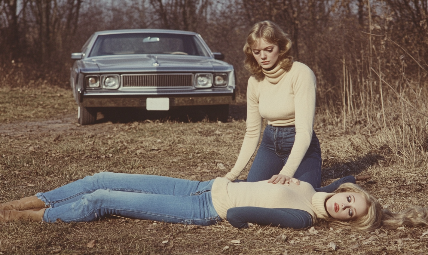 Detective kneels by drowned woman near vintage car.