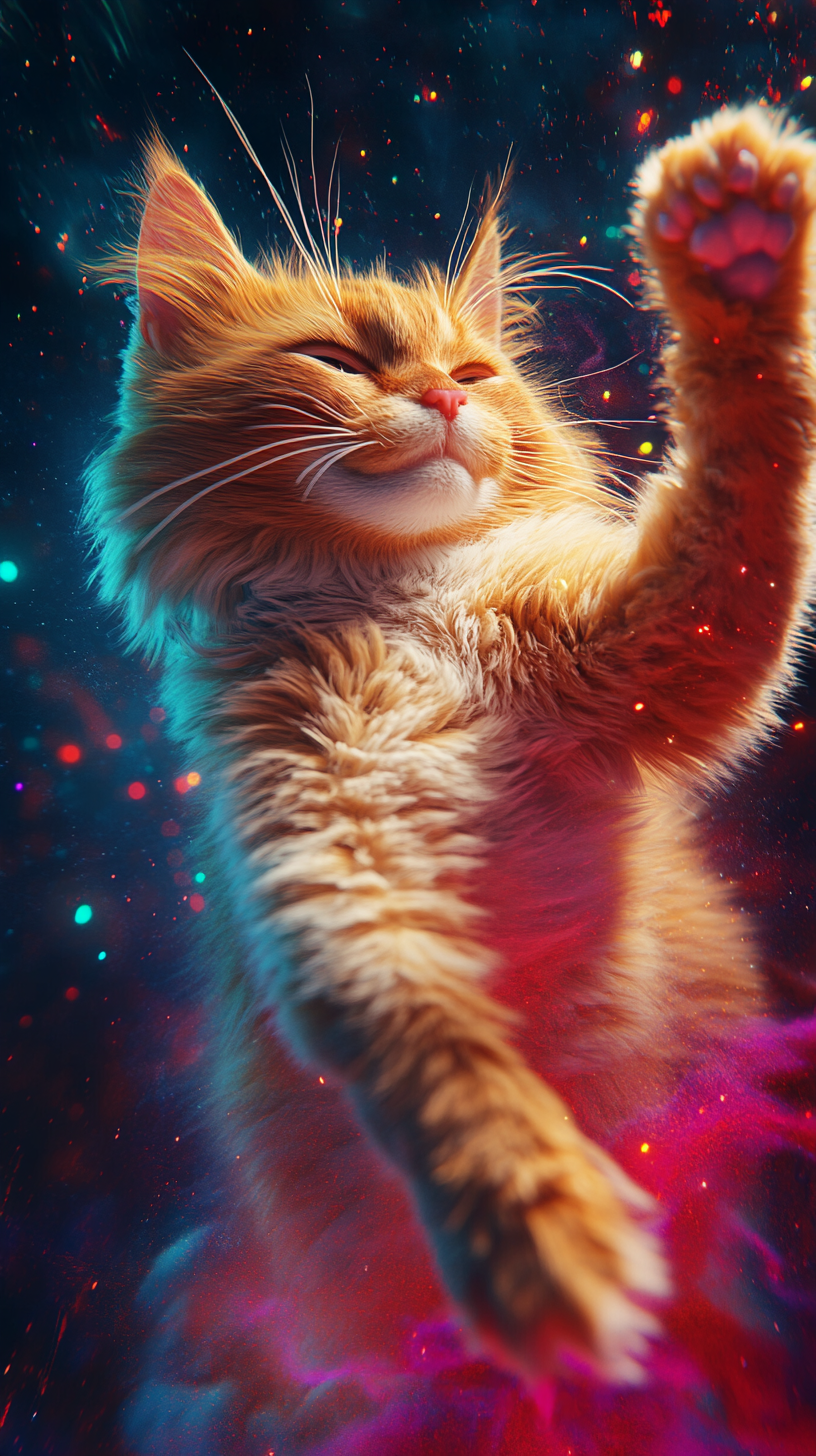 Determined Cat Leaping Into Colorful 80s Disco