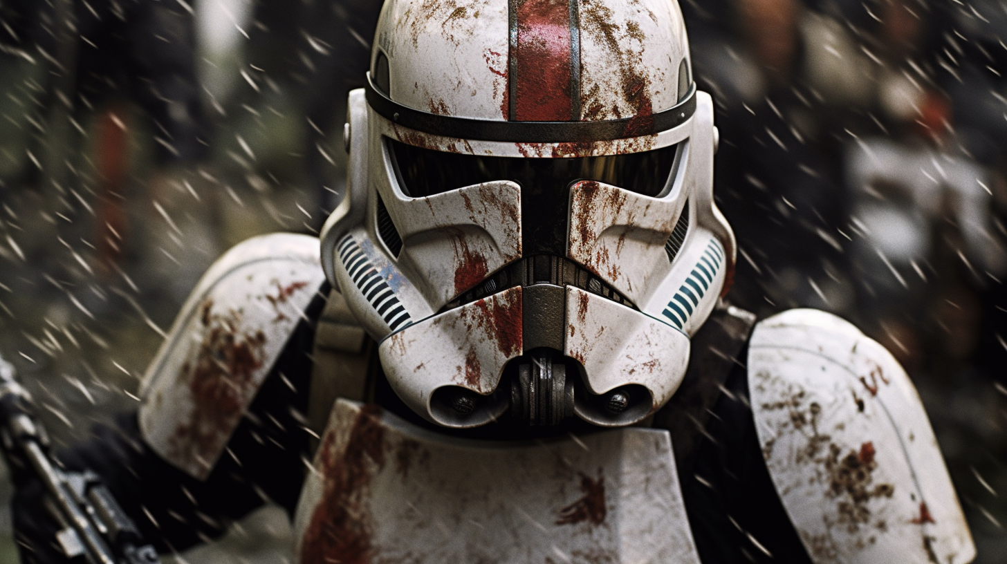 Determined Clone Trooper in Battle-Worn Armor Faces Camera