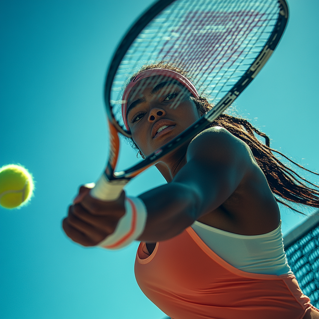 Determined Gen Z woman playing tennis outdoors, fierce concentration.