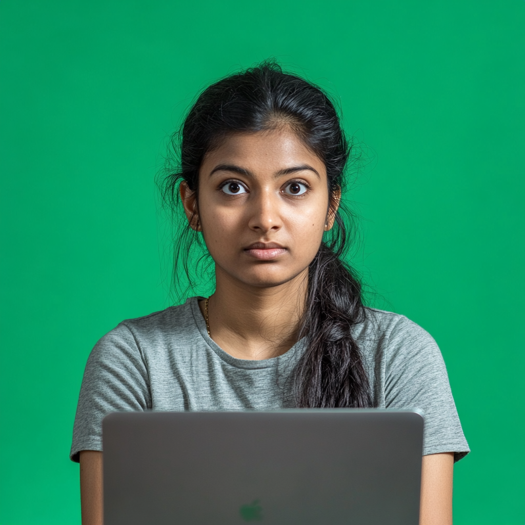 Determined Indian student working on laptop with green screen.