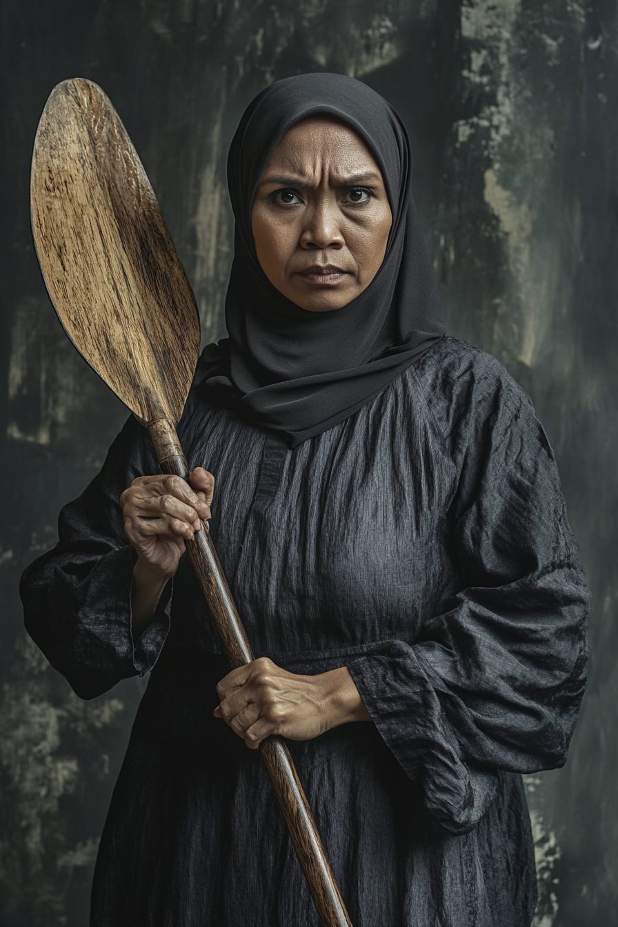 Determined Malay Muslim woman with rowing paddle looks badass.