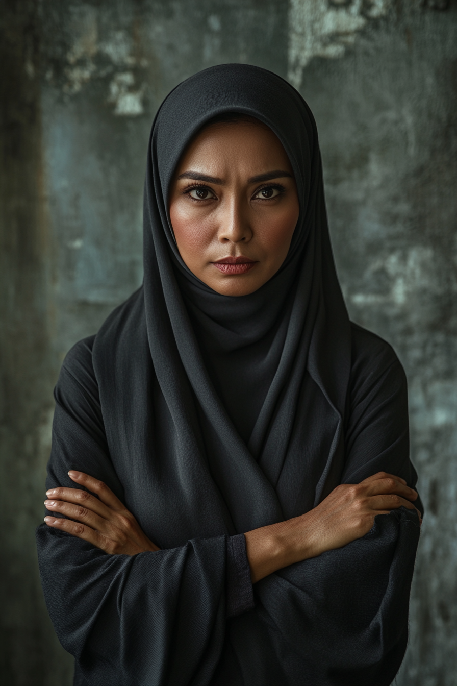 Determined Malay woman in dramatic pose, steely expression.