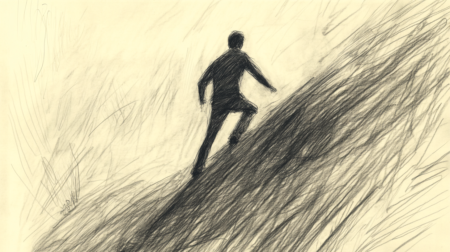 Determined Man Climbing Uphill in Rough Sketchy Drawing