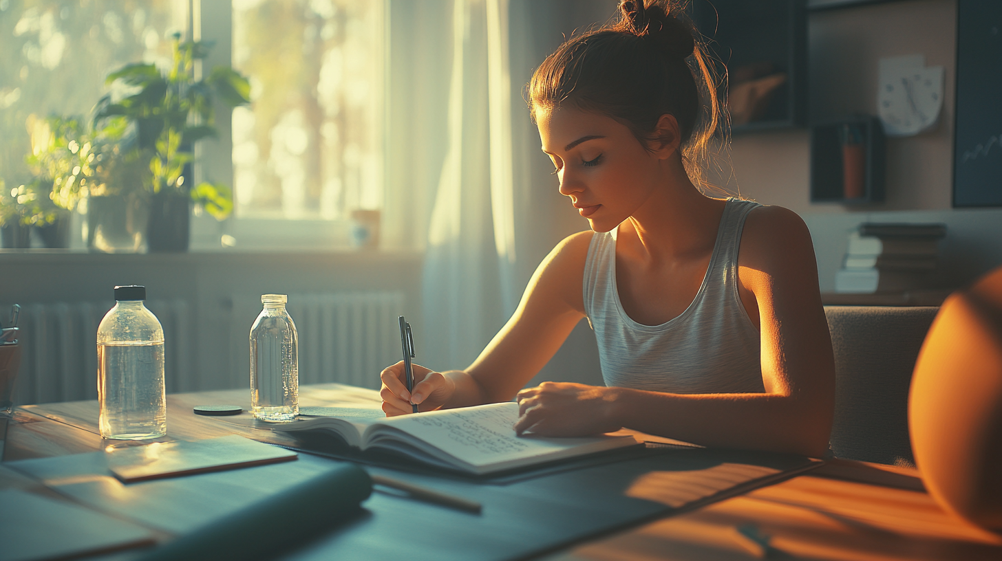 Determined Woman Planning Healthy Habits at Desk