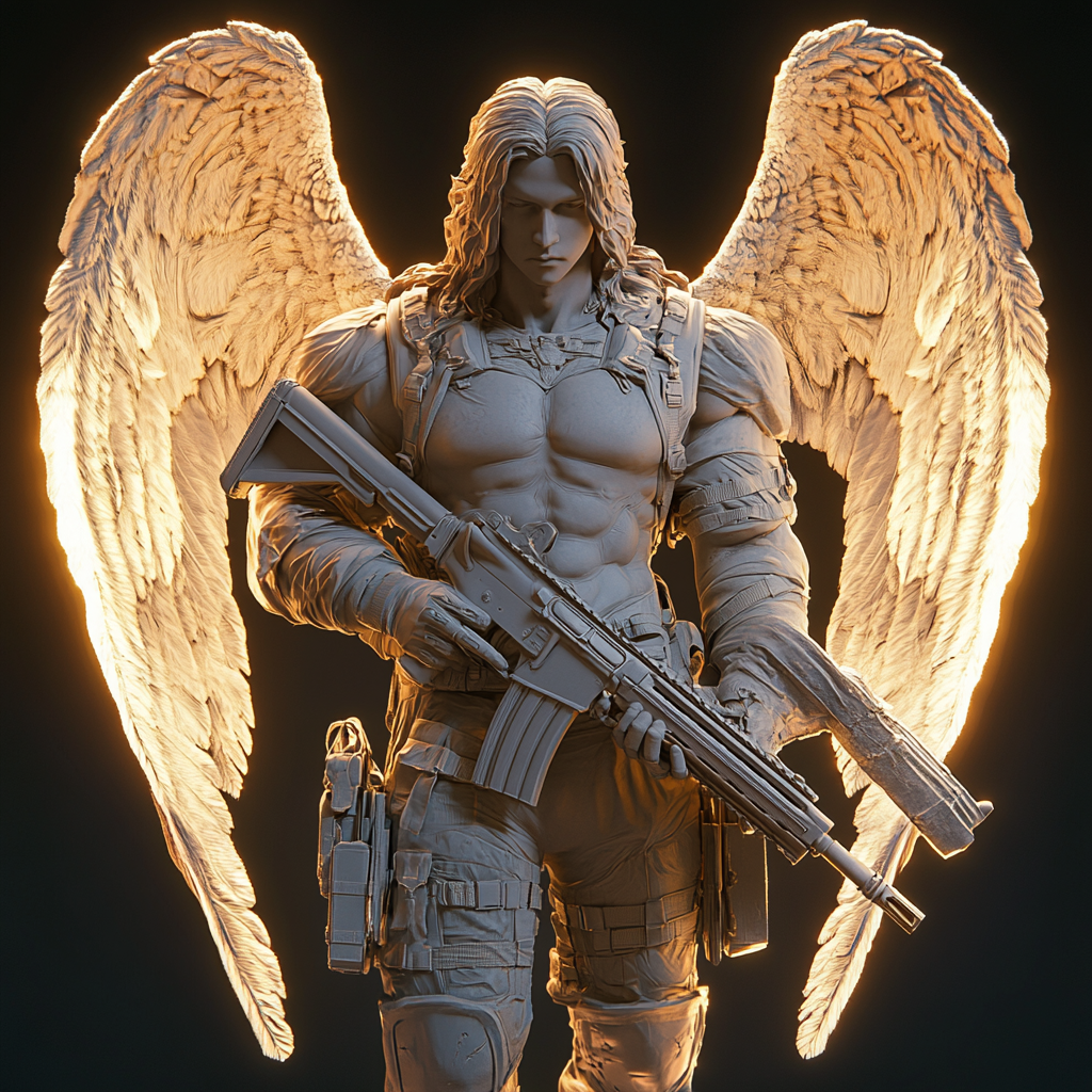 Determined angel with glowing wings wields AK-47s.